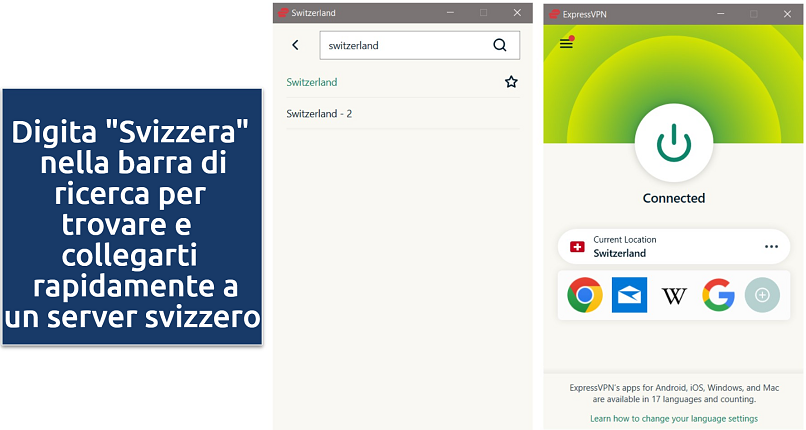 Screenshot of ExpressVPN app, showing Swiss servers and connected to a Switzerland server