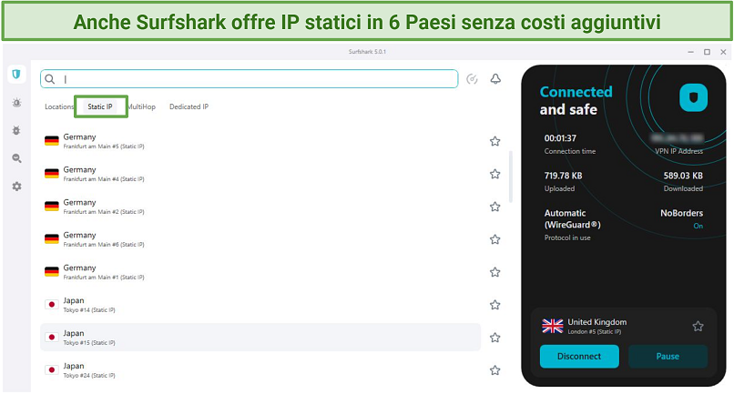 Screenshot dell'interfaccia di Surfshark per Windows, che mostra un elenco dei suoi IP statici