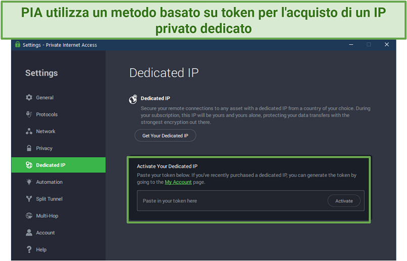 Screenshot della pagina di attivazione del token per l’IP dedicato di PIA sull'app per Windows