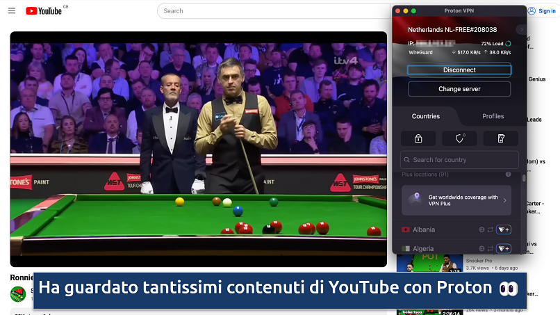 Screenshot of the Proton VPN app over a full snooker match playing on YouTube