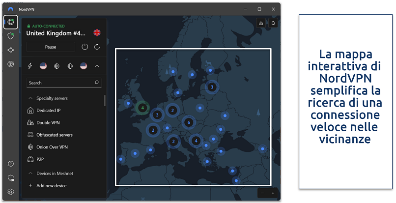 Schermata dell'interfaccia utente principale di NordVPN