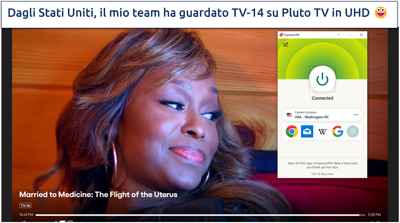 A screenshot of Pluto TV streaming Married to Medicine: The Flight of the Uterus while connected to ExpressVPN's US server