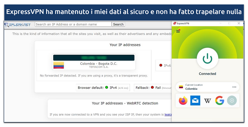 Screenshot mostrante ExpressVPN a proteggere il mio vero indirizzo IP