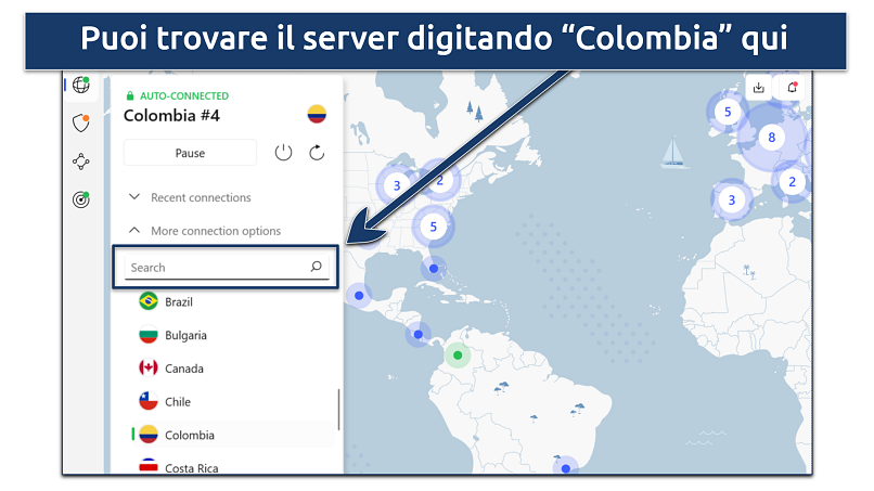 Uno screenshot che mostra come trovare il server colombiano di NordVPN