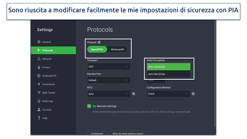 Uno screenshot che mostra le funzionalità di sicurezza personalizzabili di PIA