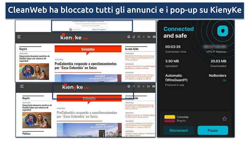 Uno scatto che mostra CleanWeb di Surfshark bloccare gli annunci su KienyKe