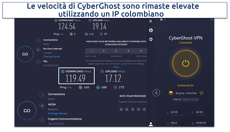 Uno screenshot che mostra la differenza di velocità media utilizzando i server colombiani di CyberGhost