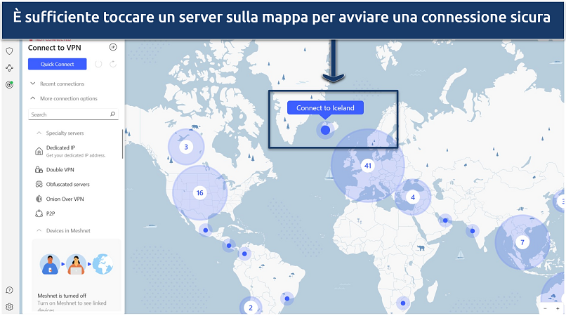 A screenshot showing NordVPN's user-friendly interface that features an intuitive map for easy server selection