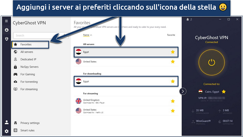 Screenshot dell'app CyberGhost che mostra i suoi server in Egitto nella scheda preferiti