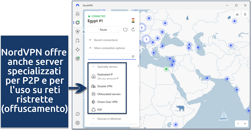 Screenshot dell'app NordVPN che mostra i suoi server specializzati mentre è connesso a un server egiziano