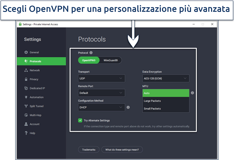 Screenshot dell'applicazione PIA che mostra le opzioni di connessione disponibili sotto il protocollo OpenVPN