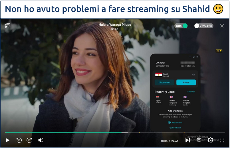 Screenshot di uno spettacolo TV in onda su Shahid con Surfshark connesso a un server egiziano