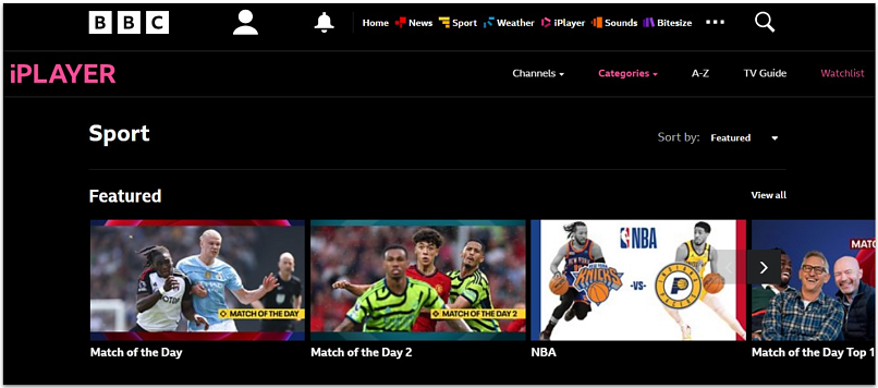 A screenshot showing the BBC iPlayer sports page