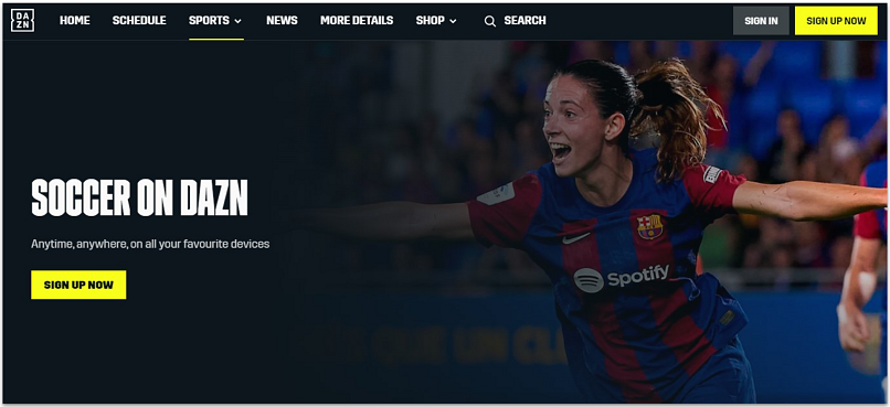 A screenshot showing the DAZN soccer page