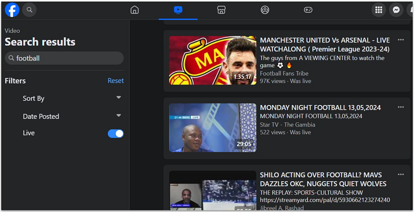 A screenshot showing Facebook Watch pages showing sport streams