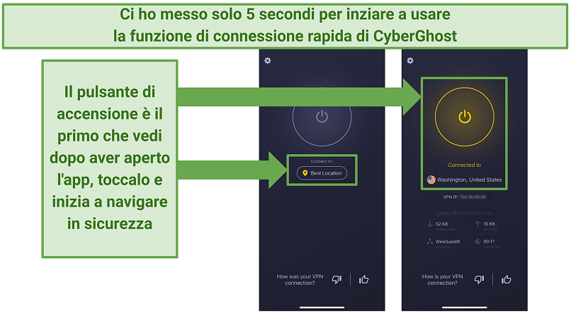 Una schermata dell'app mobile di CyberGhost che mostra la facilità d'uso.