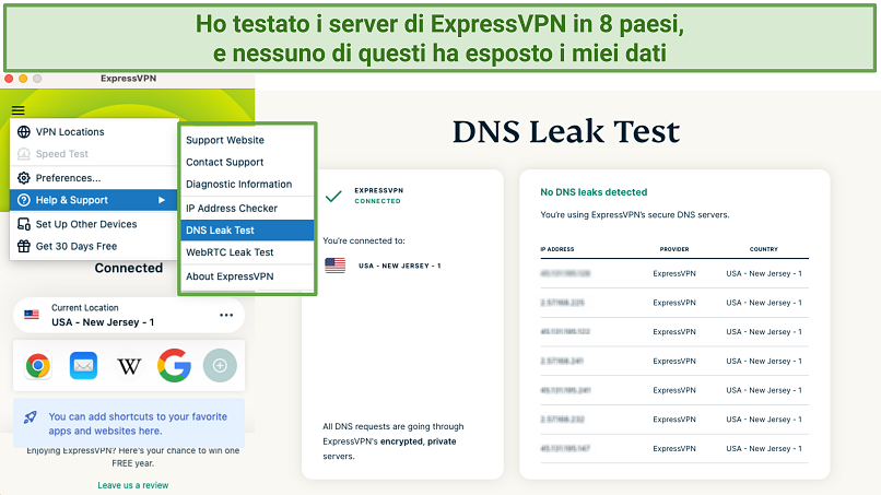 Uno screenshot di ExpressVPN che supera un test di perdita.