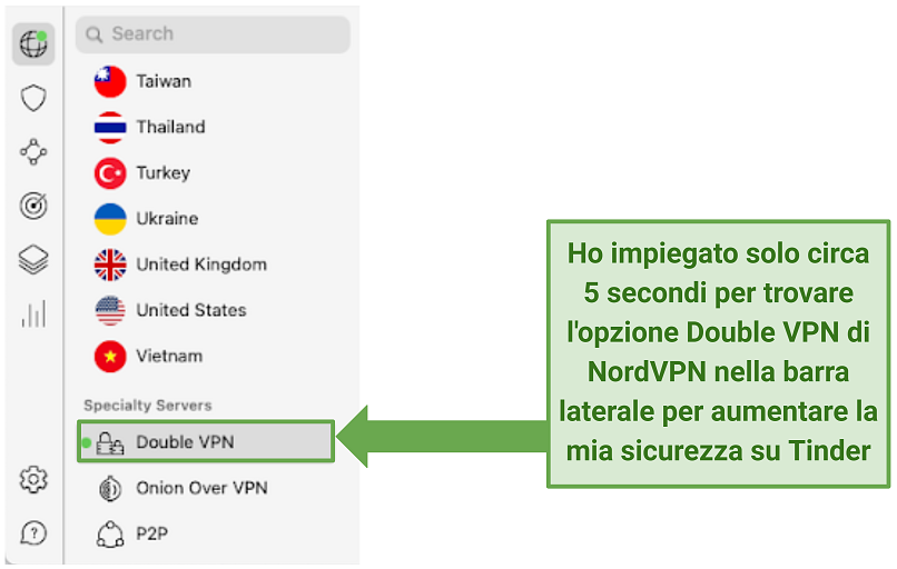 Uno screenshot dell'app mobile di NordVPN che mostra l'opzione Doppia VPN.