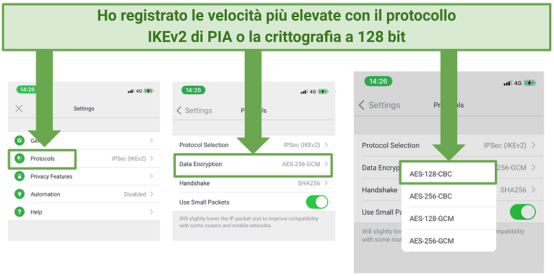 Uno screenshot che mostra la pagina delle impostazioni dell'app PIA.