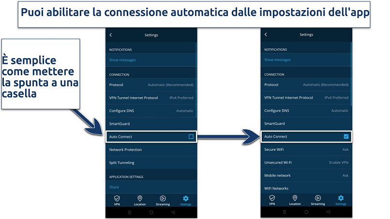 Screenshot showing how to enable Auto Connection on hide.me's Android app