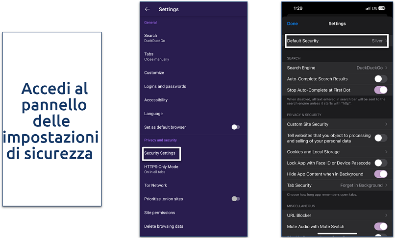 Screenshot of the security settings button for Tor Browser and Onion Browser