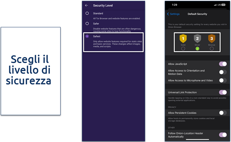 Screenshot of the security settings panel for Tor Browser and Onion Browser