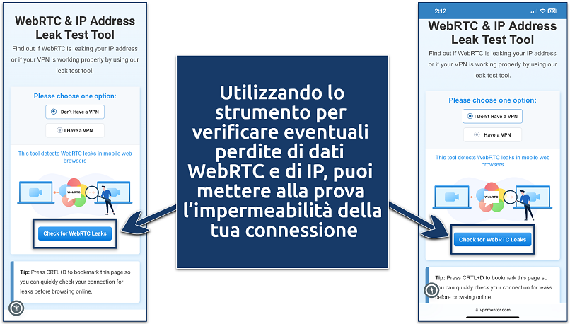 Screenshot of VpnMentor's WebRTC and IP address leak test tool