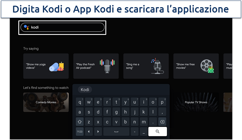 Screenshot della casella di ricerca e della tastiera su Android TV