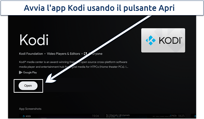 Screenshot dell'interfaccia di avvio di Kodi