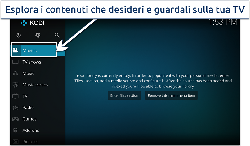 Screenshot della homepage di Kodi su Android TV Box