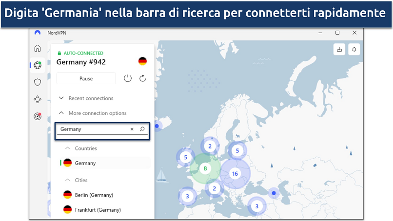 Screenshot dei server di NordVPN in Germania