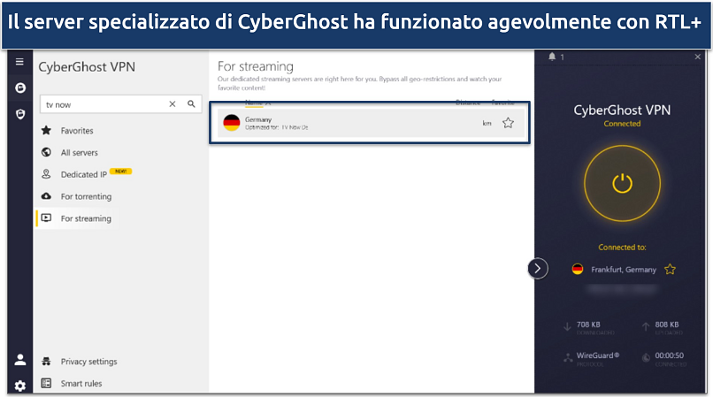 Uno screenshot dell'app CyberGhost che mostra il server ottimizzato per TV NOW