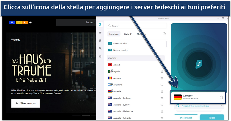 Uno screenshot di RTL+ con Haus Traume mentre il dispositivo è connesso ai server tedeschi di Surfshark