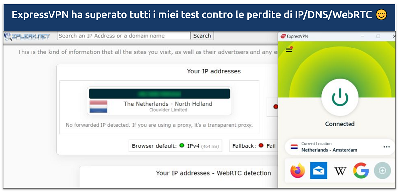 A screenshot of a successful IP/DNS/WebRTC leak test while connected to ExpressVPN's Amsterdam server