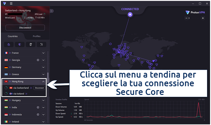 A screenshot of Proton VPN connected to Hong Kong via Switzerland