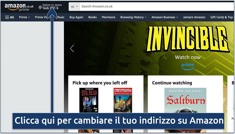 Screenshot che mostra come cambiare il proprio indirizzo su Amazon