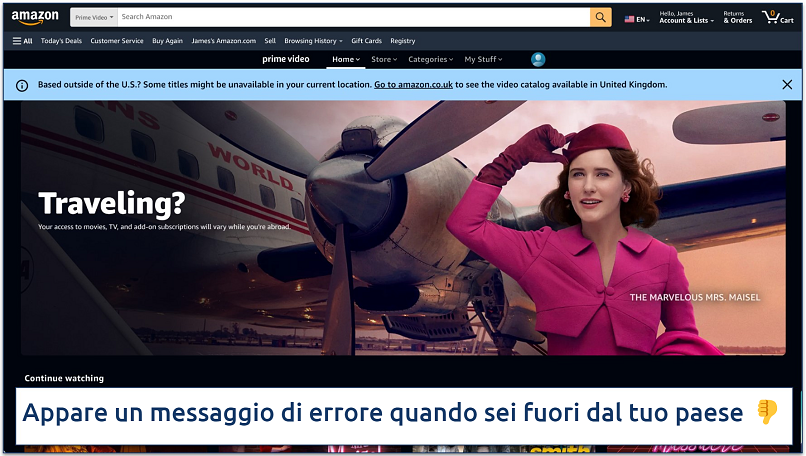 Screenshot che mostra la schermata di errore quando non ti trovi nella tua regione Amazon abituale