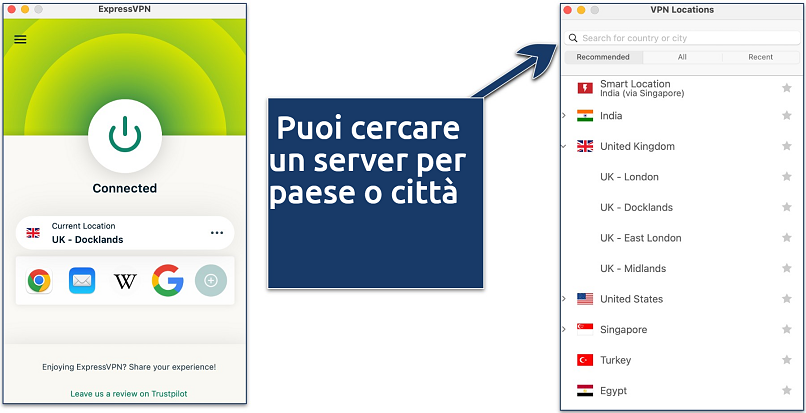 Schermata che mostra come cercare un server su ExpressVPN