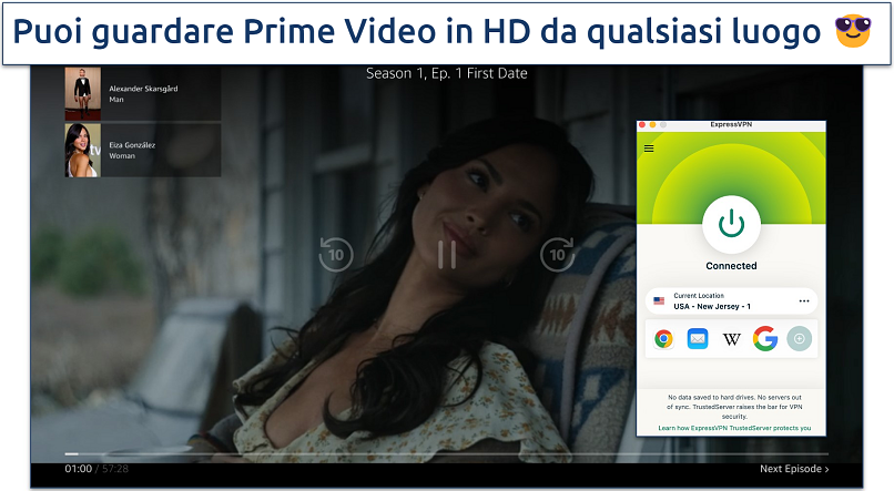 Schermata di Prime Video in streaming con ExpressVPN connessa