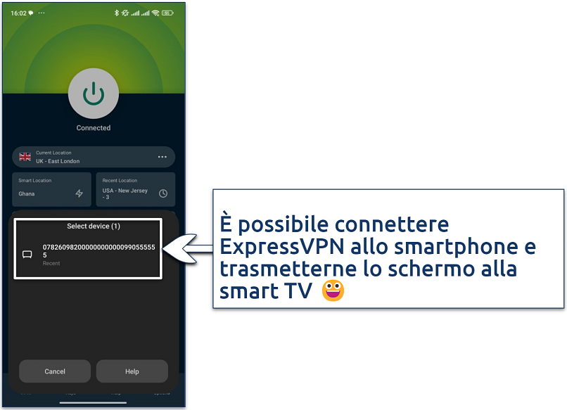 Screenshot showing ExpressVPN's mobile app with the option to cast mobile screen to smart TV