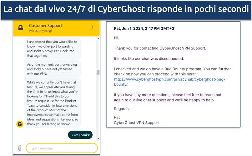 Schermata di una chat con l'assistenza clienti di CyberGhost