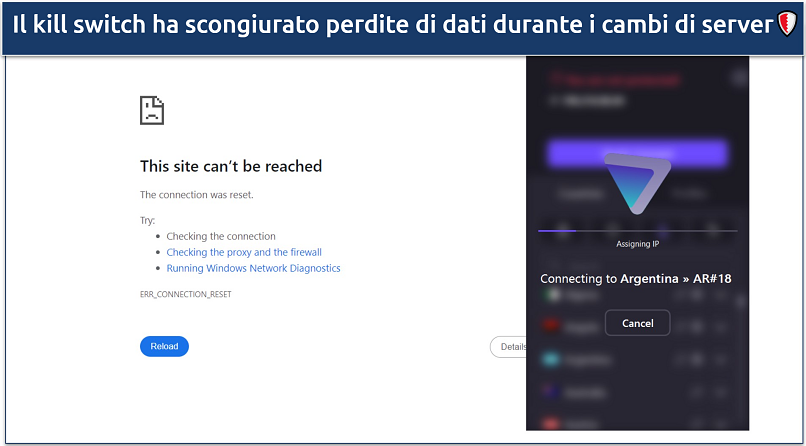 Uno screenshot mostra che l'interruttore di sicurezza di Proton VPN taglia la connessione a internet durante il cambio di server