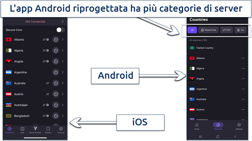 Uno screenshot che mostra come l'app Android di Proton VPN visualizzi più opzioni nel menu dei paesi rispetto all'app iOS