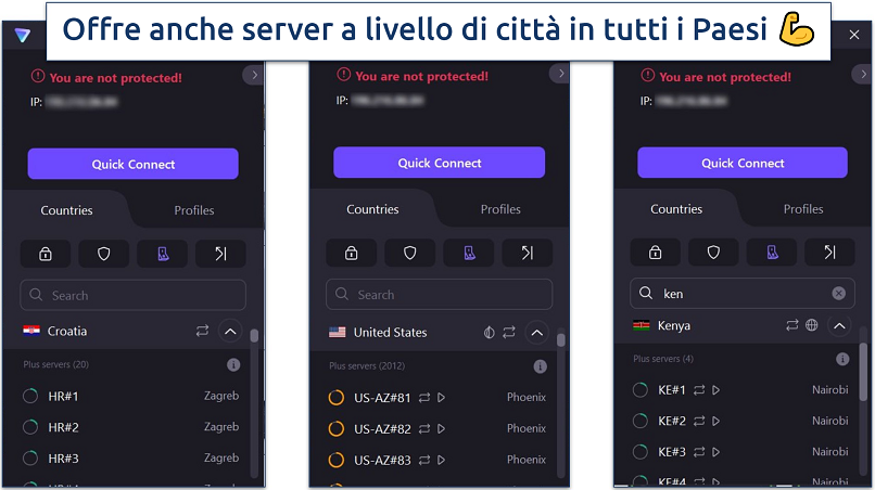 Uno screenshot che mostra che Proton VPN offre server a livello di città