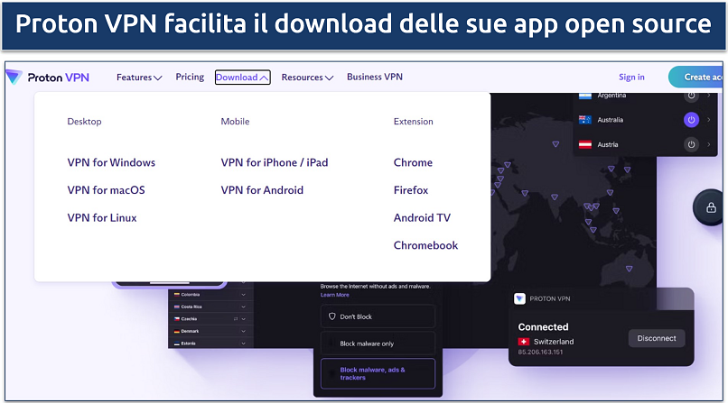 Uno screenshot che mostra la pagina di download di Proton VPN insieme ai dispositivi supportati dalla VPN