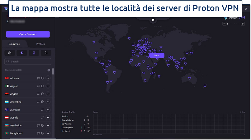 Uno screenshot della schermata iniziale di Proton VPN sull'app Windows