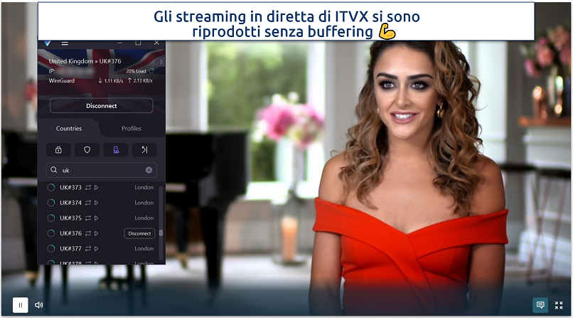 Uno screenshot di ITVX che trasmette The Real Housewives of Cheshire mentre è connesso al server del Regno Unito ottimizzato per lo streaming di Proton VPN