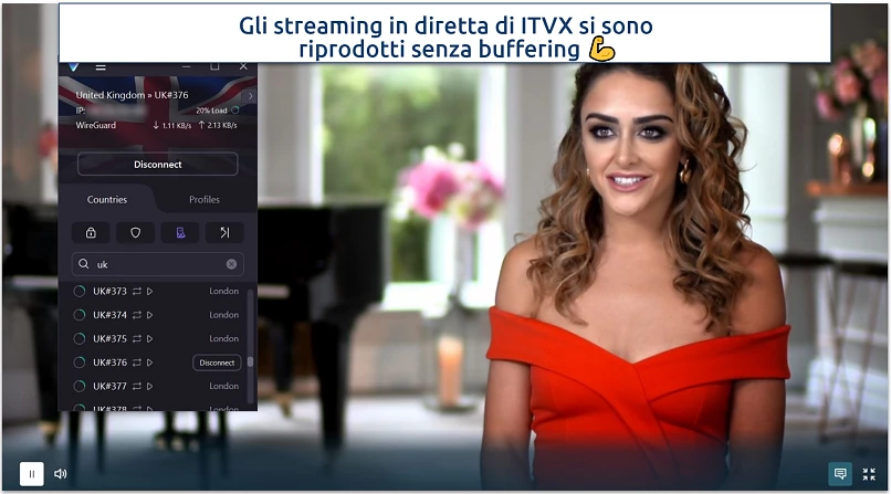 Uno screenshot di ITVX che trasmette The Real Housewives of Cheshire mentre è connesso al server del Regno Unito ottimizzato per lo streaming di Proton VPN