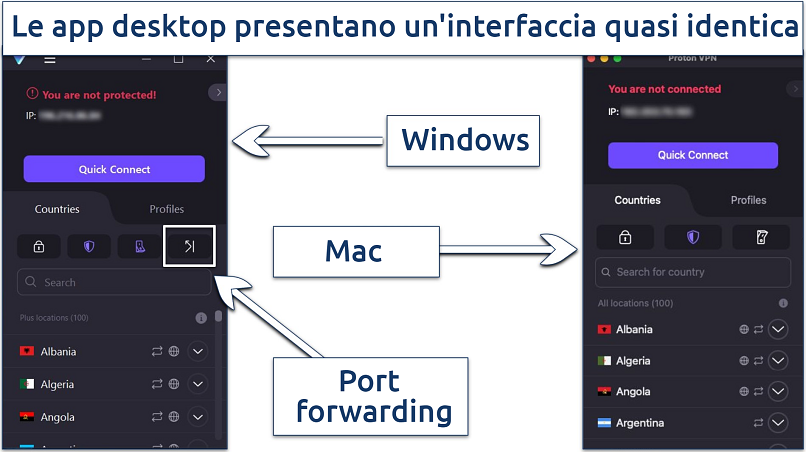 Uno screenshot che mostra come l'interfaccia di Proton VPN sia quasi identica su Mac e Windows