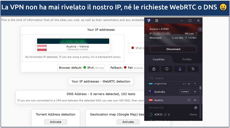 Uno screenshot mostra che Proton VPN ha superato i test di perdite DNS, IP e WebRTC